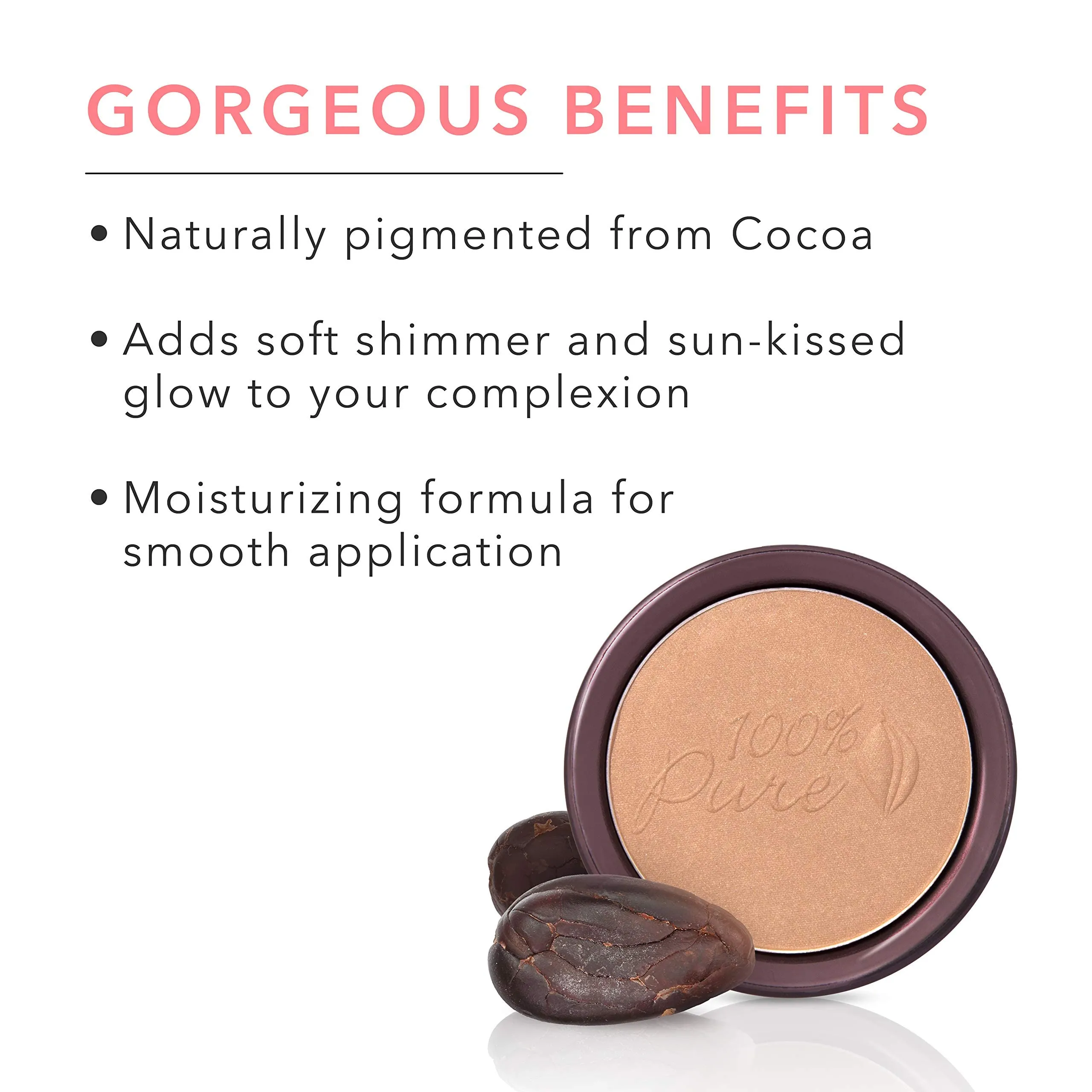 100% PURE Cocoa Pigmented Bronzer Powder for Face Makeup Contour Soft Shimmer Sun Kissed Glow Cocoa Gem (Light Peachy Brown w/Golden Undertones) - 0.32 Oz