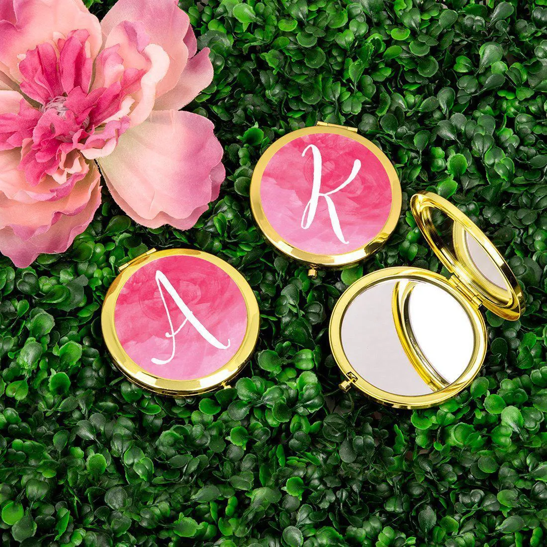 Andaz Press Blush Pink Watercolor Monogram Gold 2.75 inch Round Compact Mirror