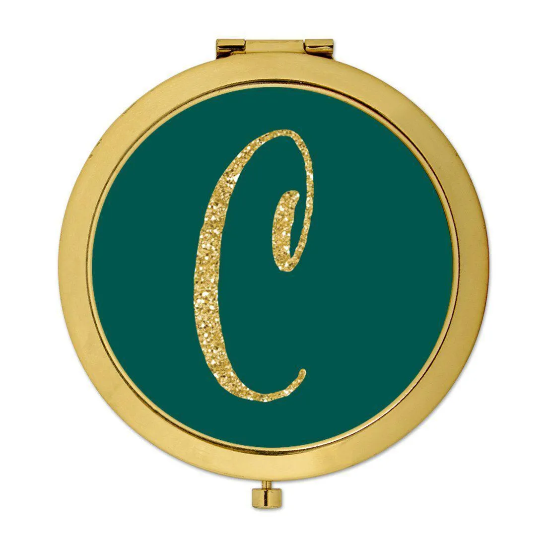 Andaz Press Peacock Blue Jewel Tone with Faux Gold Glitter Monogram Gold 2.75 inch Round Compact Mirror