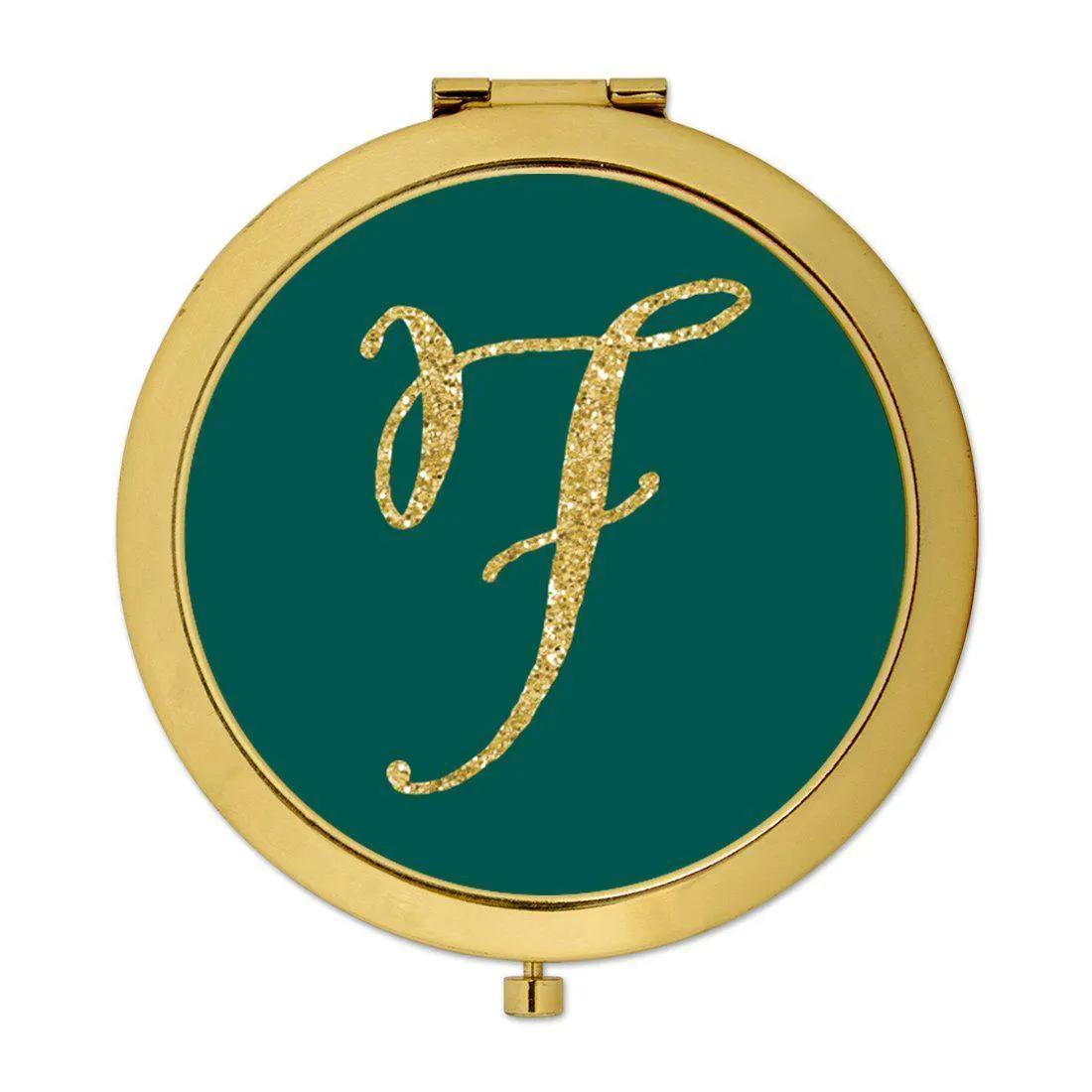 Andaz Press Peacock Blue Jewel Tone with Faux Gold Glitter Monogram Gold 2.75 inch Round Compact Mirror