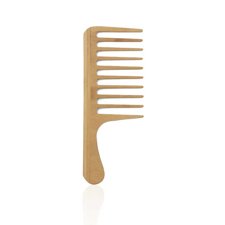 Private Label Large Size Bamboo Wooden Wide Tooth. مشط شعر خشبي واسع الأسنان من الخيزران كبير الحجم بعلامة