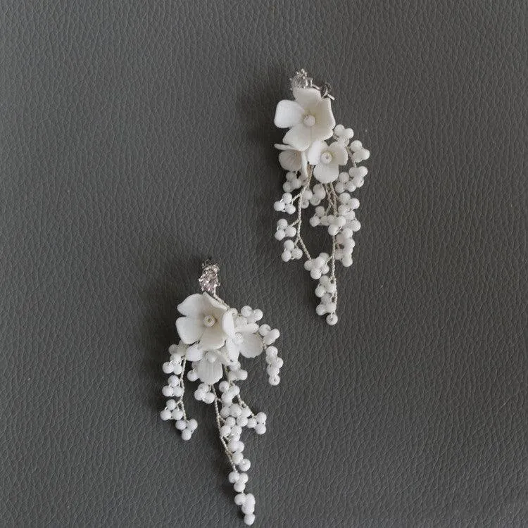 White Ceramic Flower Bridal Hair Comb Shell